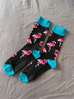 Men's Black Socks with Pink Flamingo Pattern and Teal Accents